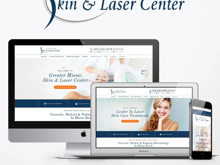 Greater Miami Skin & Laser Center logo above a website shown on a desktop, laptop and phone
