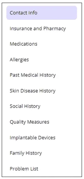 Patient portal menu listing Contact Info, Insurance and Pharmacy, Medications, Allergies, Past Medical History and more