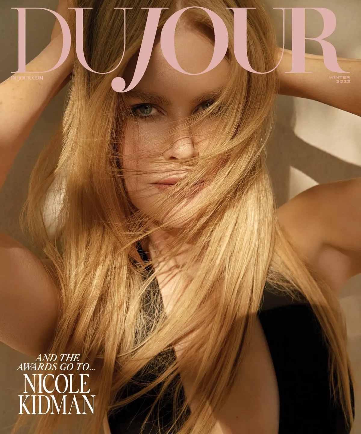 DuJour magazine cover with the headline And the Awards Go To Nicole Kidman, showing a woman with long blonde hair