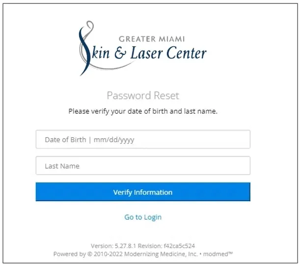 Patient portal password reset screen asking for date of birth and last name, with a Verify Information button