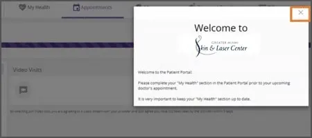 Patient portal welcome pop-up for Greater Miami Skin & Laser Center, with a close button highlighted