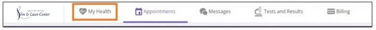 Patient portal navigation bar with the My Health tab highlighted