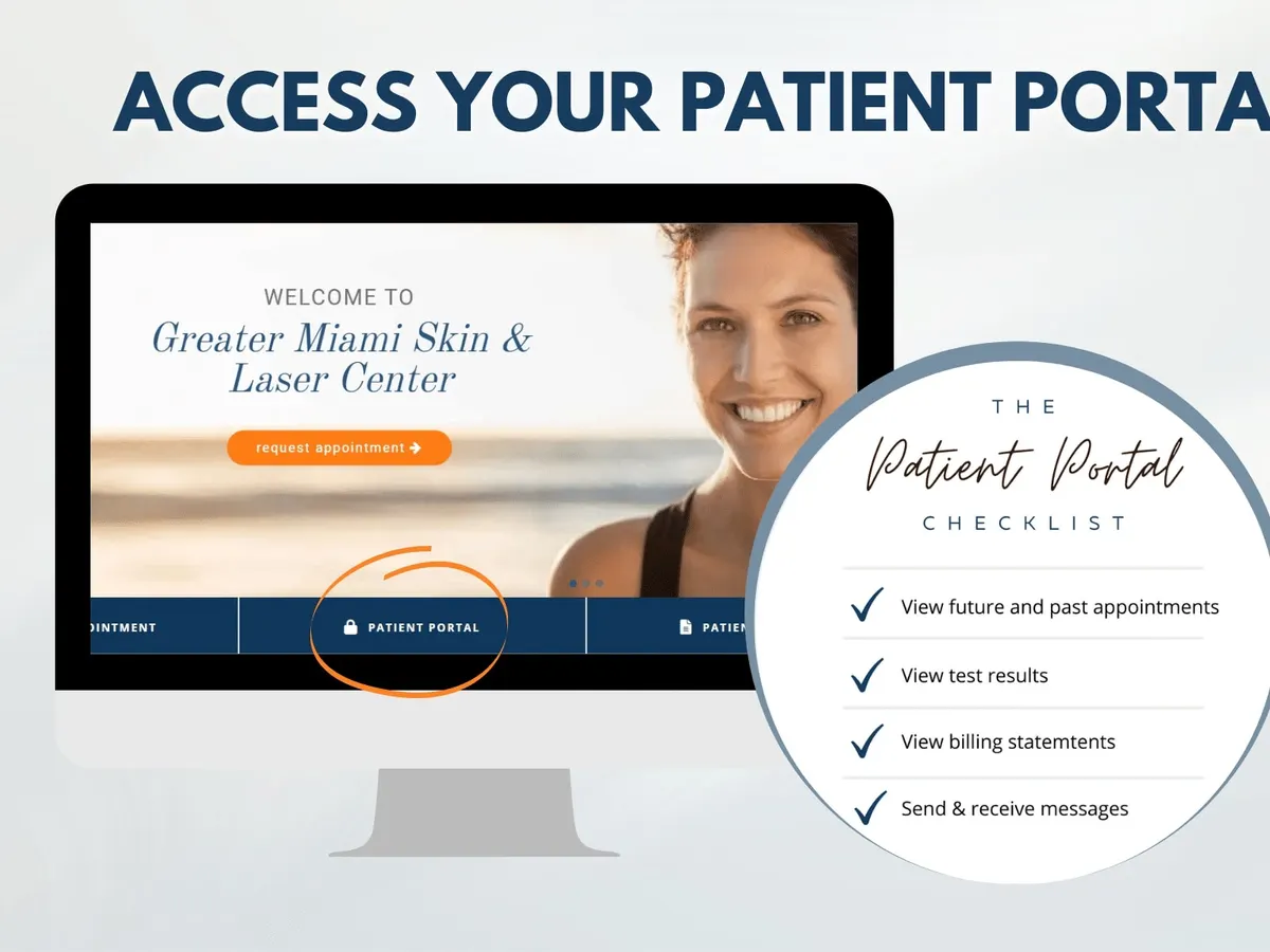 Graphic reading Access Your Patient Portal, with a monitor showing the portal and a checklist: view appointments, test results, billing statements, send and receive messages