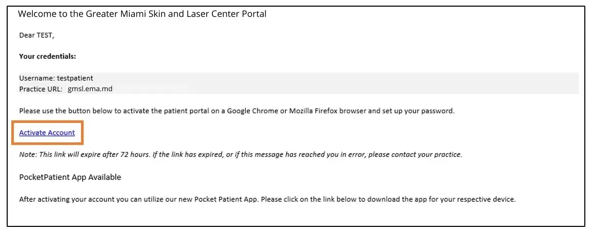 Patient portal welcome email showing credentials and an Activate Account link highlighted