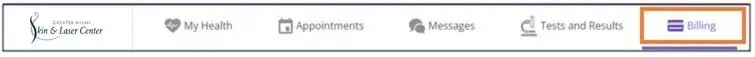 Patient portal navigation bar with the Billing tab highlighted