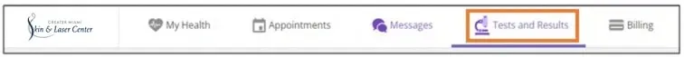 Patient portal navigation bar with the Tests and Results tab highlighted
