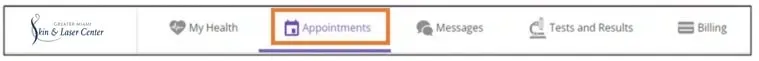 Patient portal navigation bar with the Appointments tab highlighted