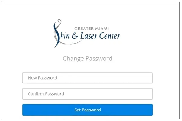 Patient portal Change Password screen with New Password and Confirm Password fields and a Set Password button