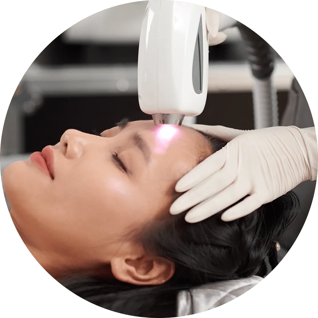 A woman lying back receiving a laser treatment on her forehead from a gloved hand