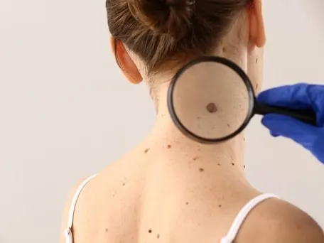 Patient holds magnifying glass to her neck to examine a mole that has changed.