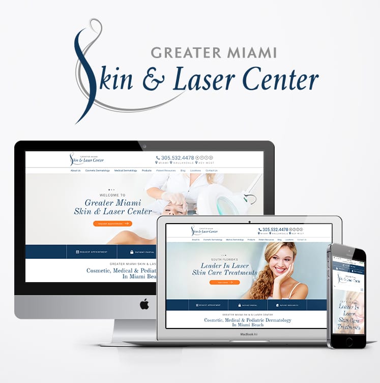 Greater Miami Skin & Laser Center logo above a website shown on a desktop, laptop and phone