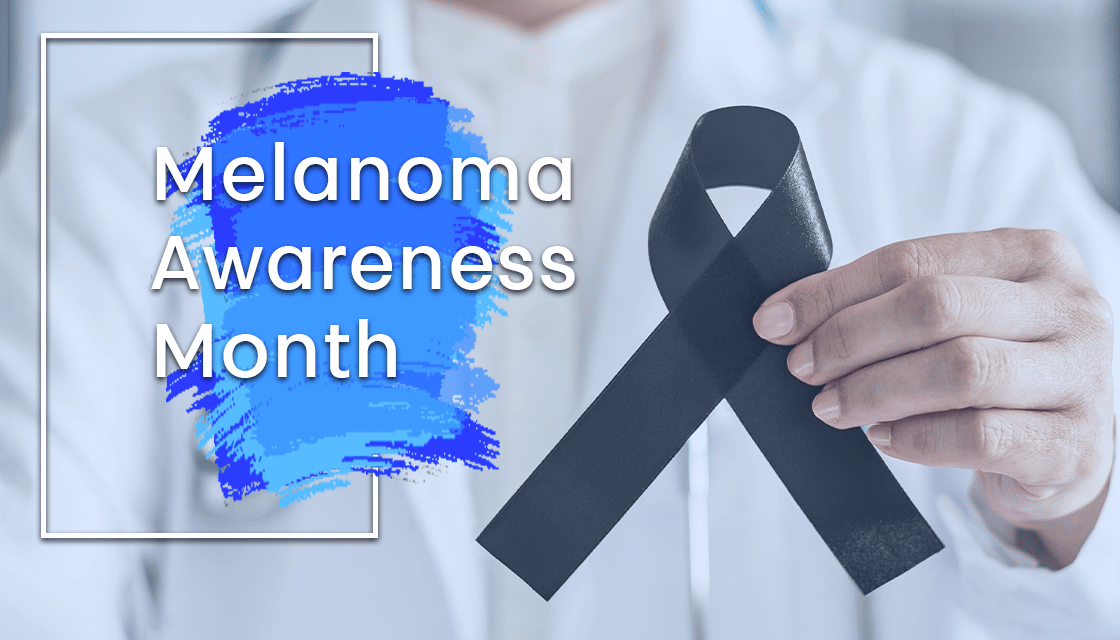 Melanoma Awareness Month graphic with a hand holding a black ribbon