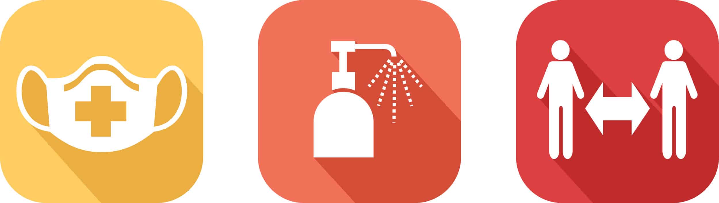 Three icons: a face mask with a cross, a hand sanitizer pump, and two people with a distancing arrow