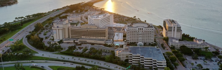 Aerial view of the Mount Sinai Medical Center campus on Biscayne Bay in Miami Beach, home of the office at 4308 Alton Road